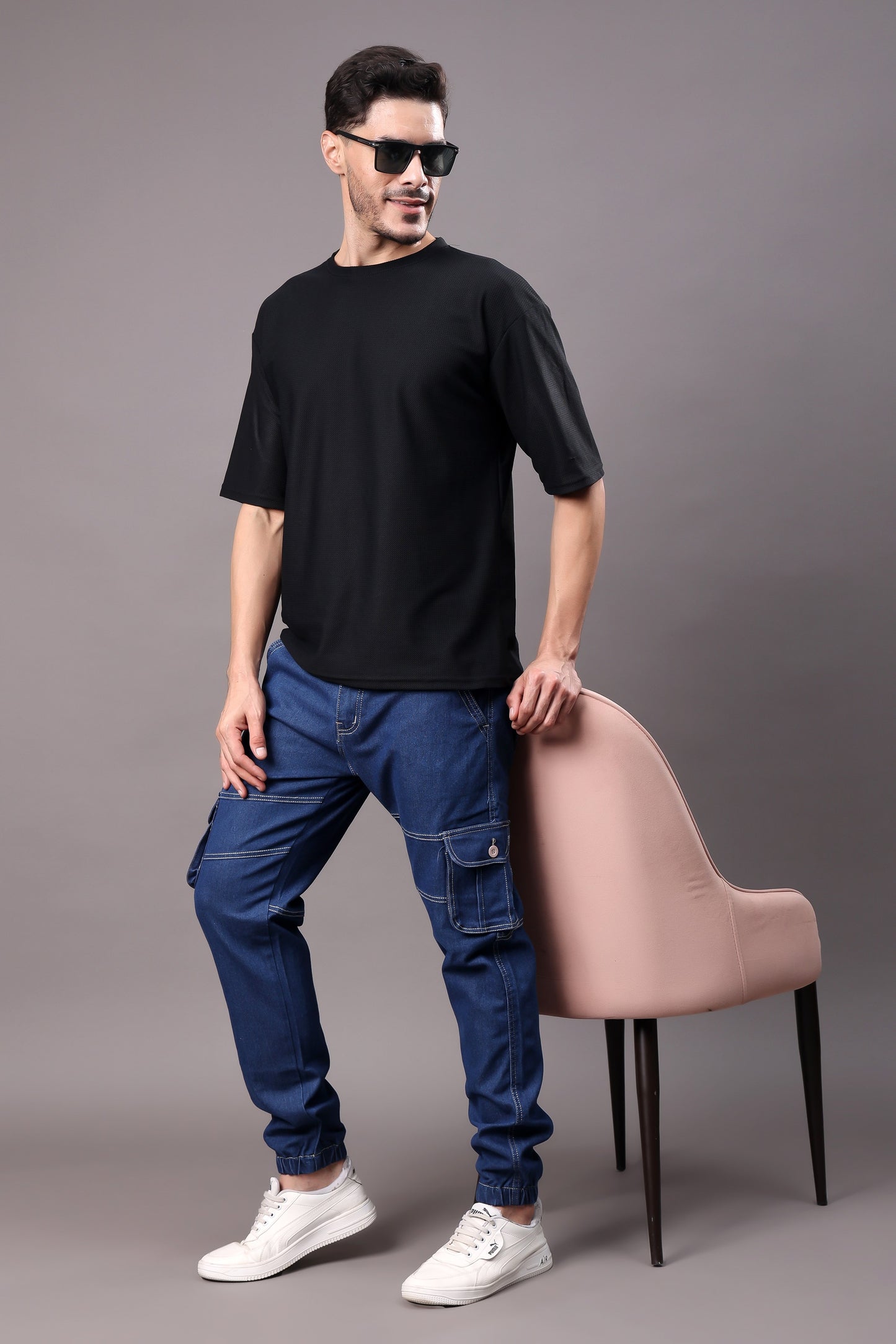 ZAYSH Men Regular fit Mid Rise Dark Blue Cargo Pants (CAR-Denim)