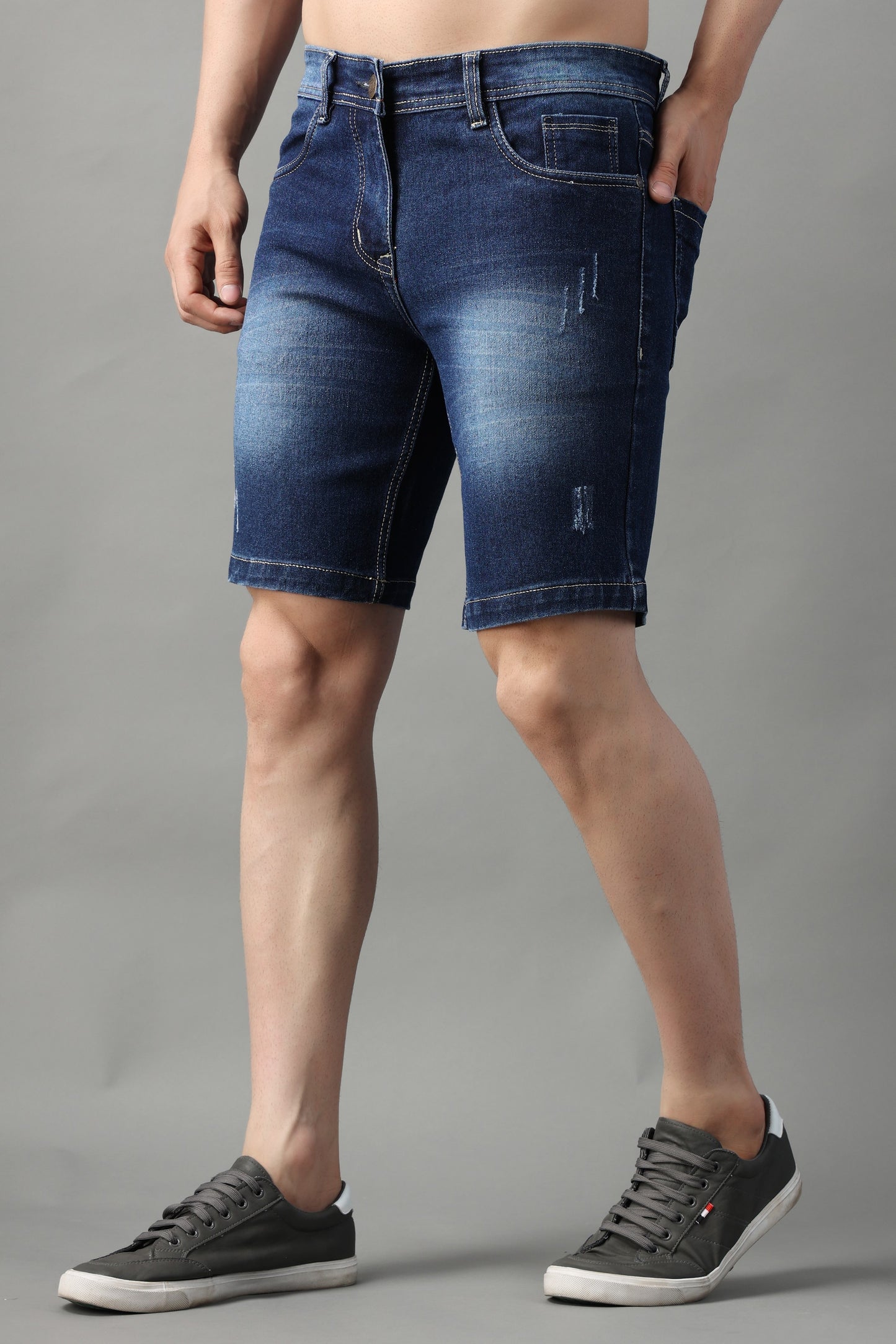 ZAYSH Men Slim Mid Rise Dark Blue Ripped Shorts