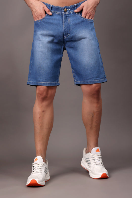 ZAYSH Men Slim Mid Rise Blue Shorts (Short-Den-Spray-01)