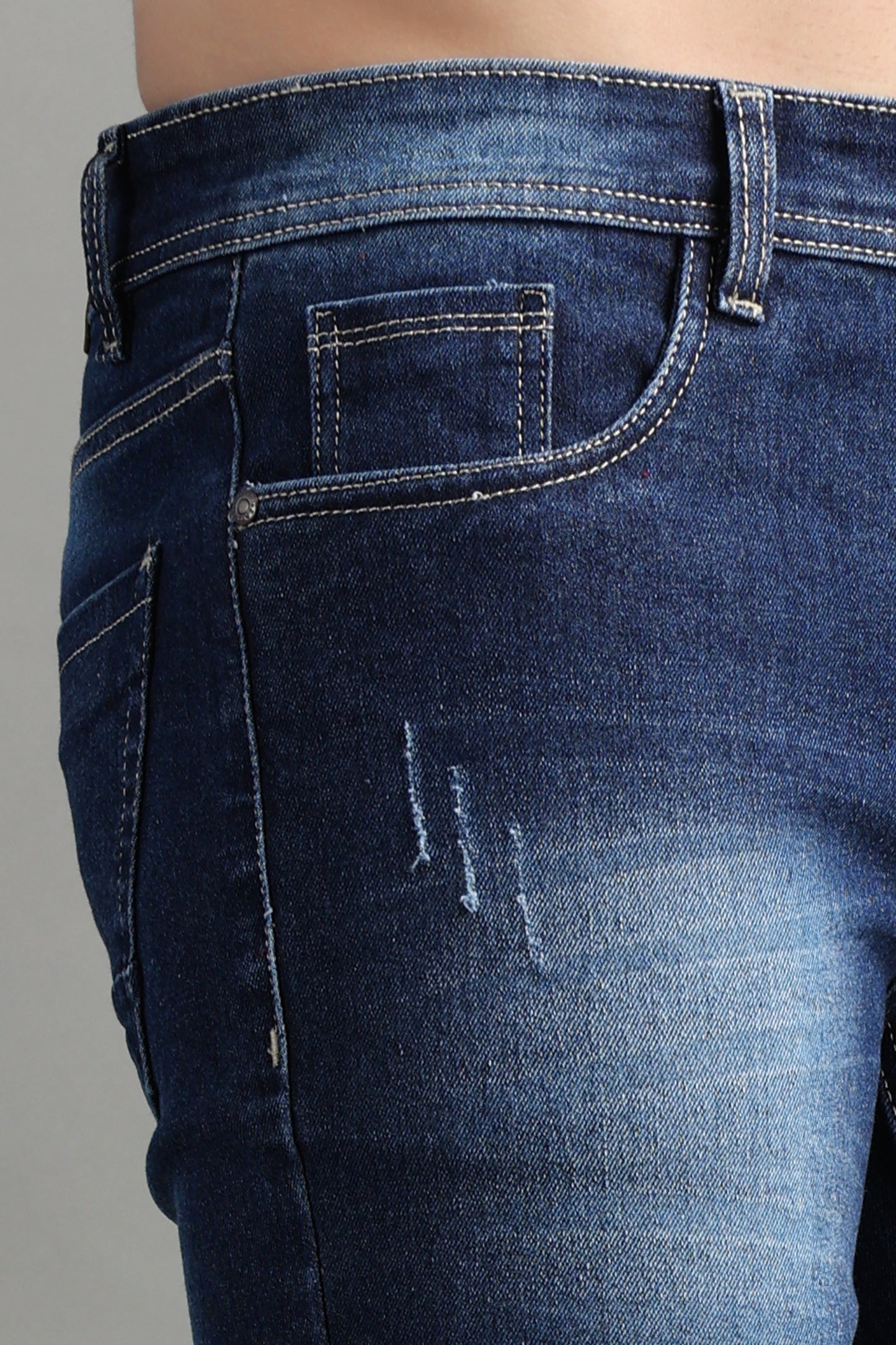 ZAYSH Men Slim Mid Rise Dark Blue Ripped Shorts