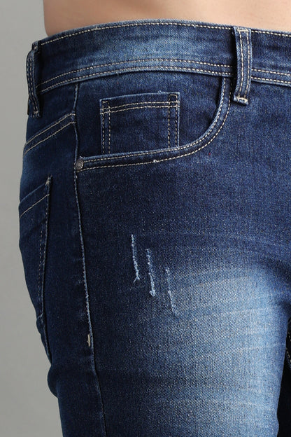 ZAYSH Men Slim Mid Rise Dark Blue Ripped Shorts