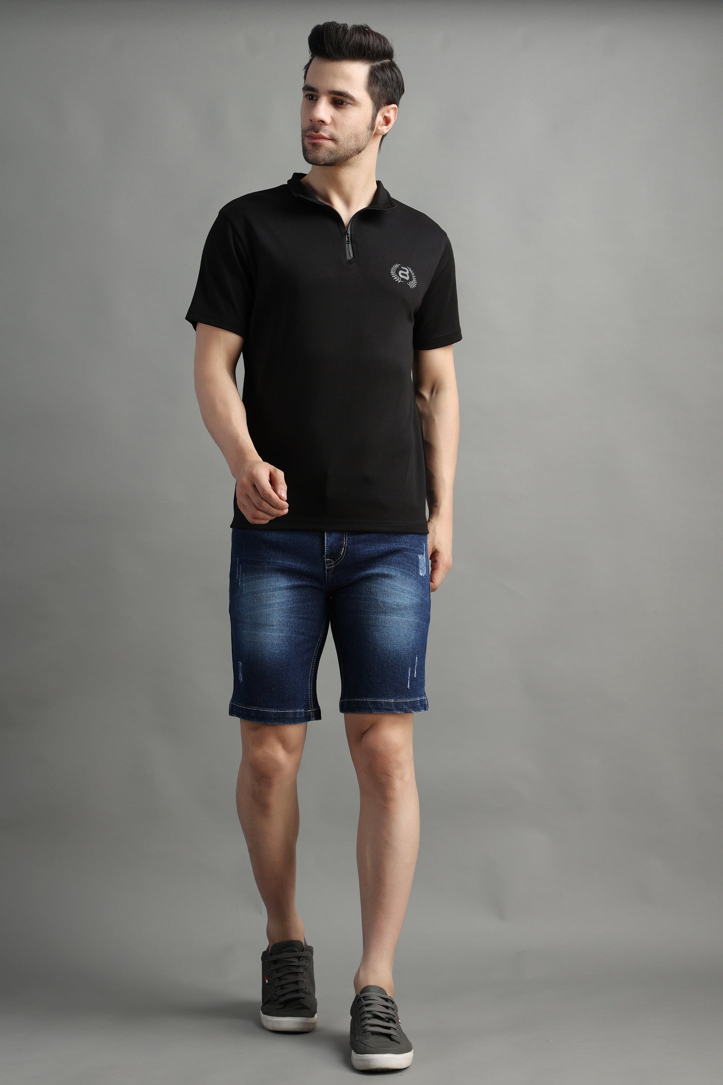 ZAYSH Men Slim Mid Rise Dark Blue Ripped Shorts
