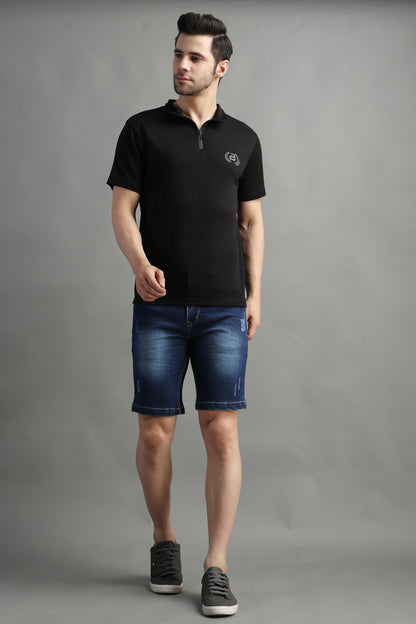ZAYSH Men Slim Mid Rise Dark Blue Ripped Shorts