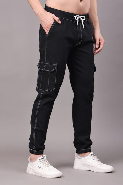 ZAYSH Men Regular fit Mid Rise Black Cargo Pants (JOG-DEN-6P-02)