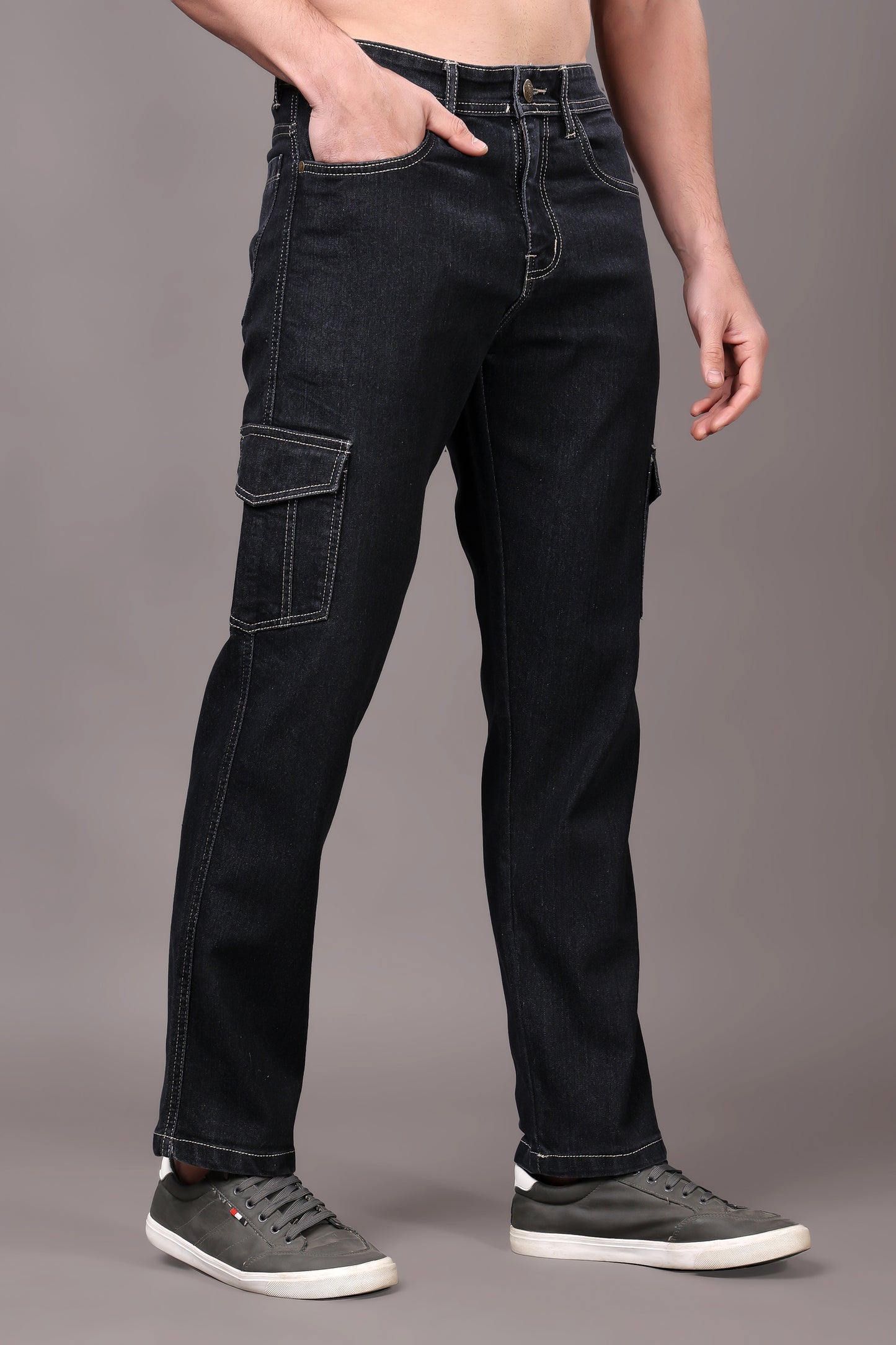 ZAYSH Men Regular fit Mid Rise Dark Grey Cargo Pants (HCAR-DEN-DARK GREY)